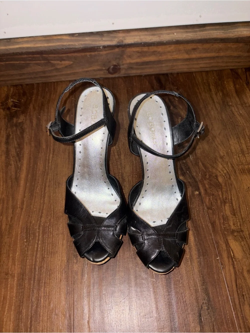 Vintage Y2K BCBGirls Black Cork Wedge Sandals with Ankle Strap